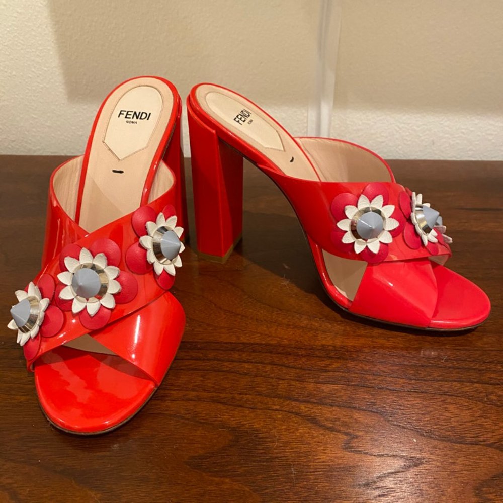 FENDI Flowerland Block Heel Sandals, Size 38/8